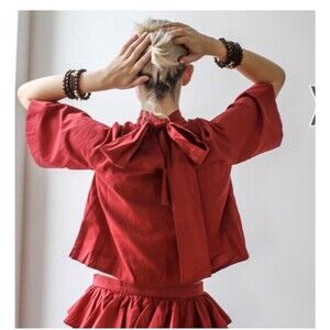 Rhode Blouse Red Top Marci High Mock Neck Bow Back Short Sleeve Crop Wine Small